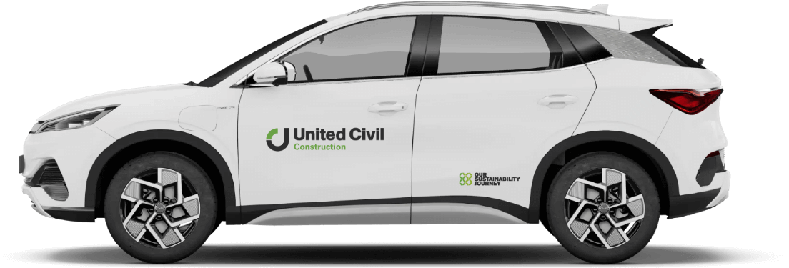 United Civil electric vehicle branded with Our Sustainability Journey